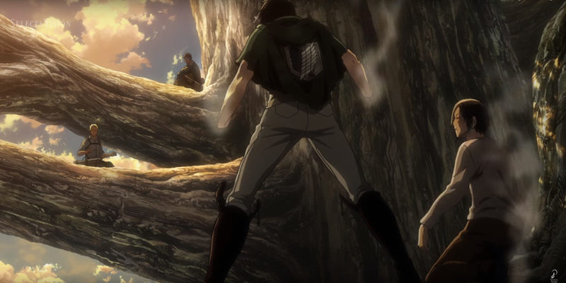 eren sin brazos gritando a Reiner