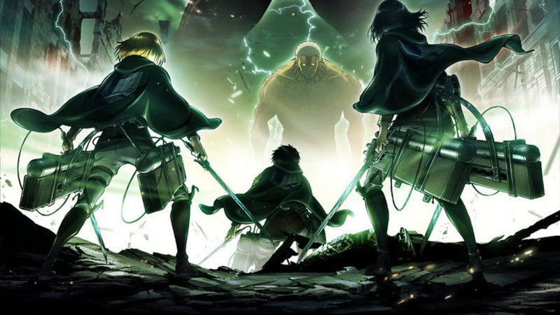 eren, mikasa y armie frente al titan acorazado