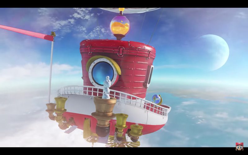 Mario se desplaza en su barco-globo-sombrero