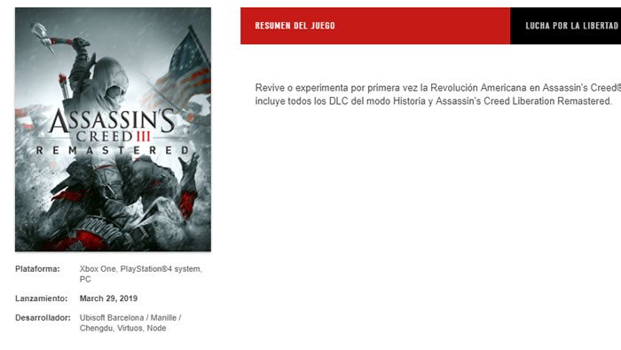 Asasssin's Creed III Remaster ya no indica Nintendo Switch